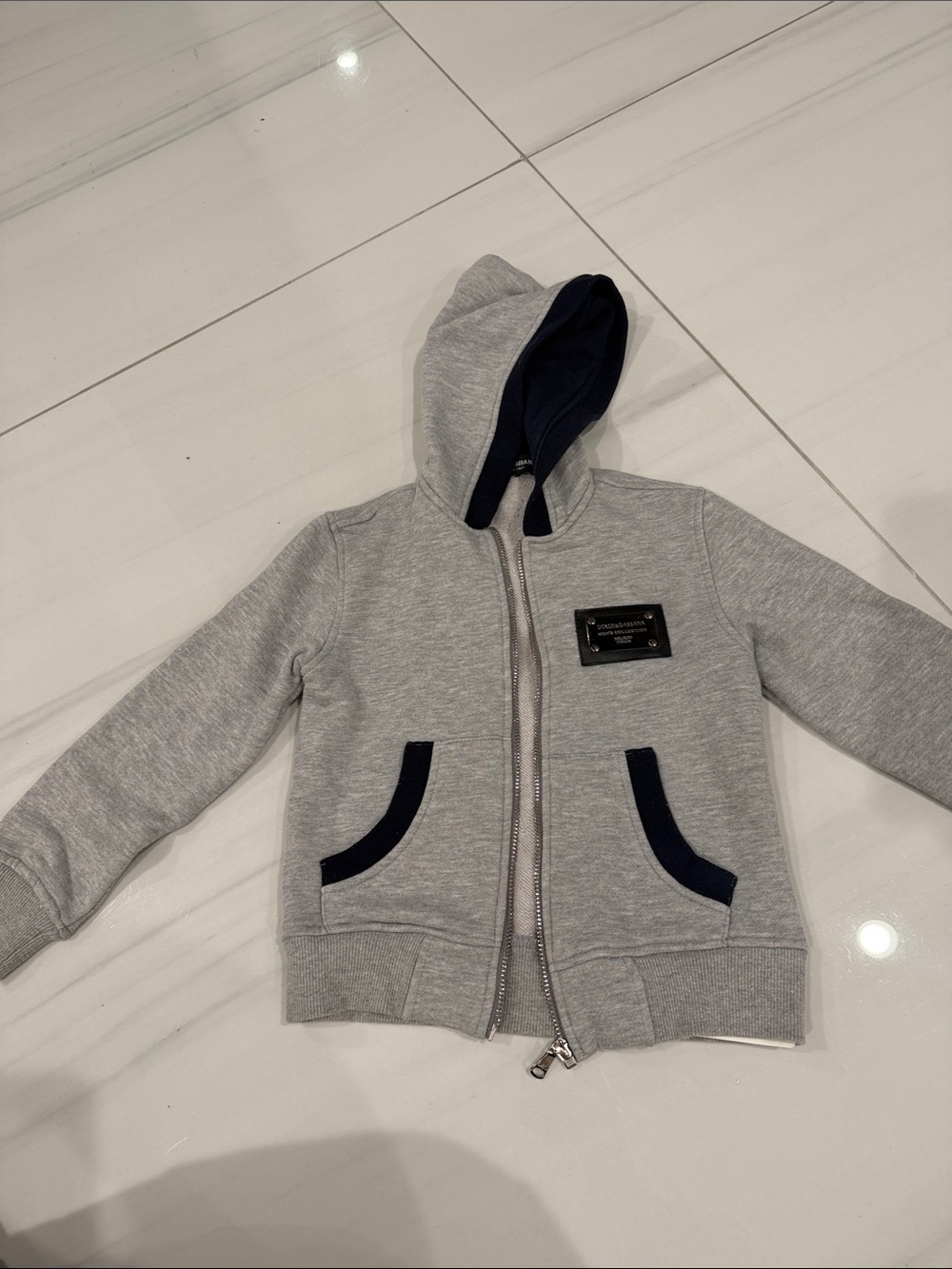 Dolce & Gabbana boys Gray Hooded Zip Sweatshirt with Navy Trim